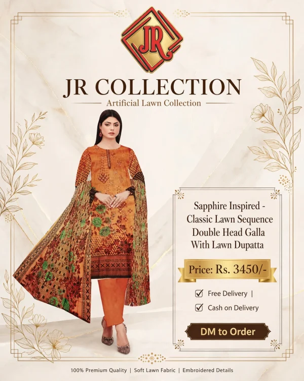 Women's Orange Classic Lawn 3Pc Suit - Sequence Double Head Galla With Lawn Dupatta - Sapphire Inspired by JR Collection