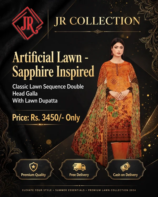 Women's Orange Classic Lawn 3Pc Suit - Sequence Double Head Galla With Lawn Dupatta - Sapphire Inspired by JR Collection