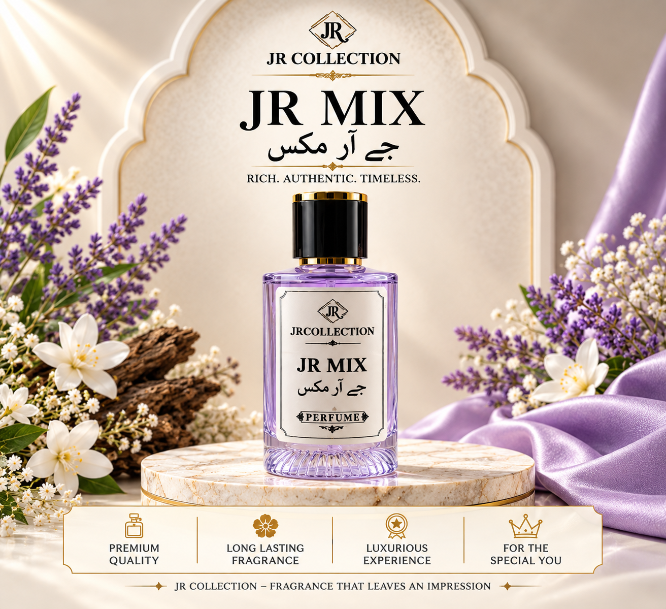 JR Mix Luxury Fragrance Poster JR Mix 50ML perfume by JR Collection in a premium purple glass bottle with elegant cream and gold product styling.