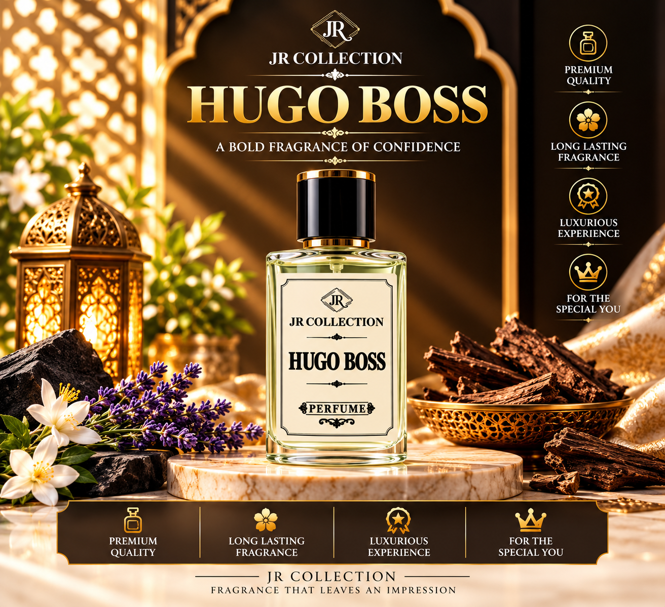JR Collection Hugo Boss men's perfume in a premium luxury gold-themed product display.